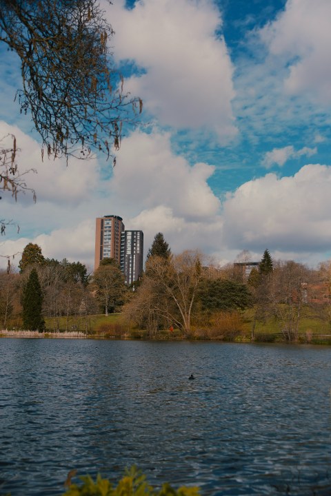 A tranquil lake scene reflecting a vibrant blue sky with fluffy clouds. Tall modern towers rise behind a shoreline of dense trees.