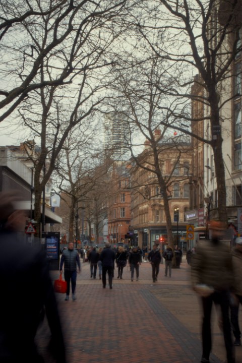 A lively pedestrian street lined with tall brick buildings and leafless trees. People in the foreground are blurred, conveying a sense of rapid movement.